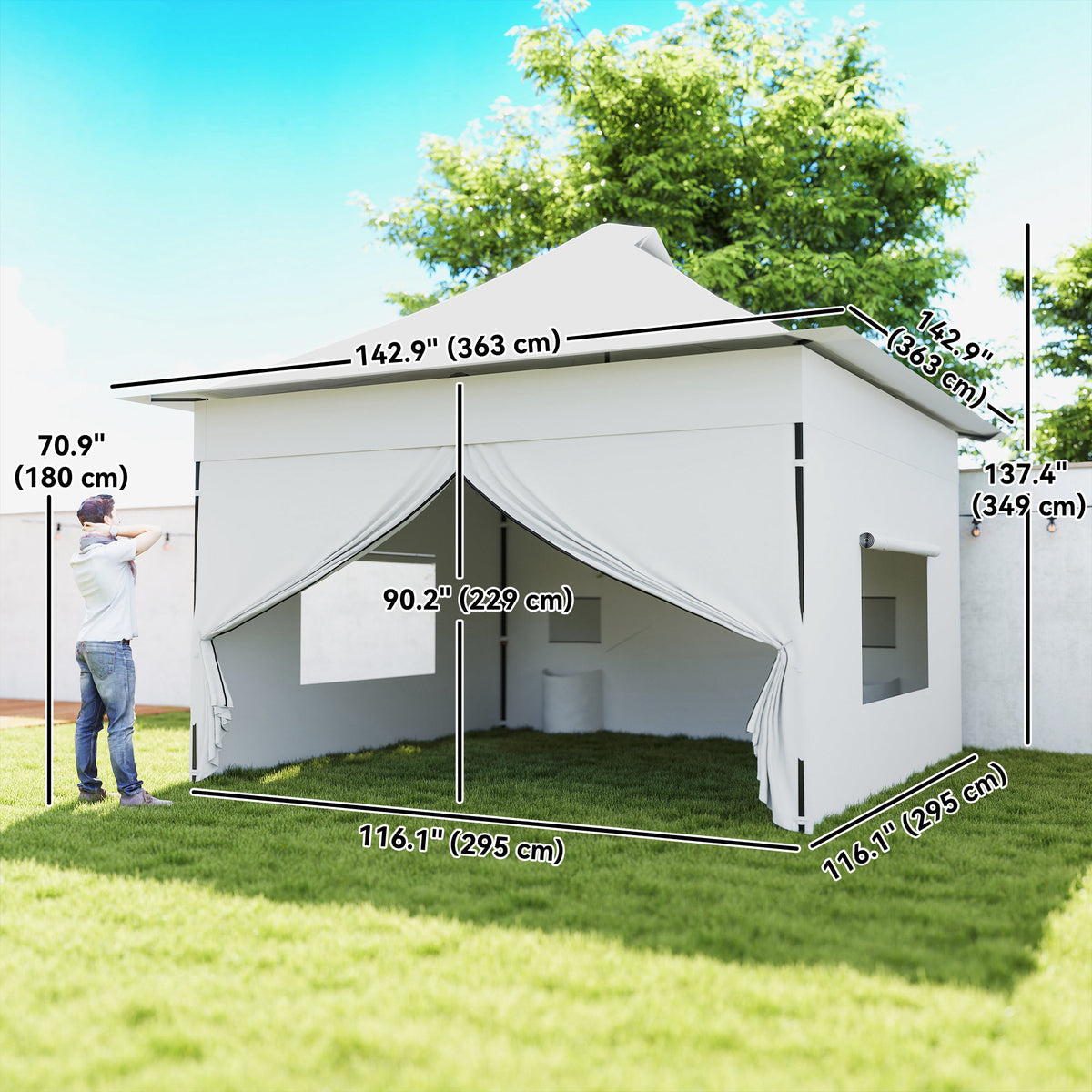 12 x 12 ft Pop Up Canopy Tent with Peak Top, UPF50+ 420D Outdoor Instant Canopy Shelter with Side Pockets, Silver