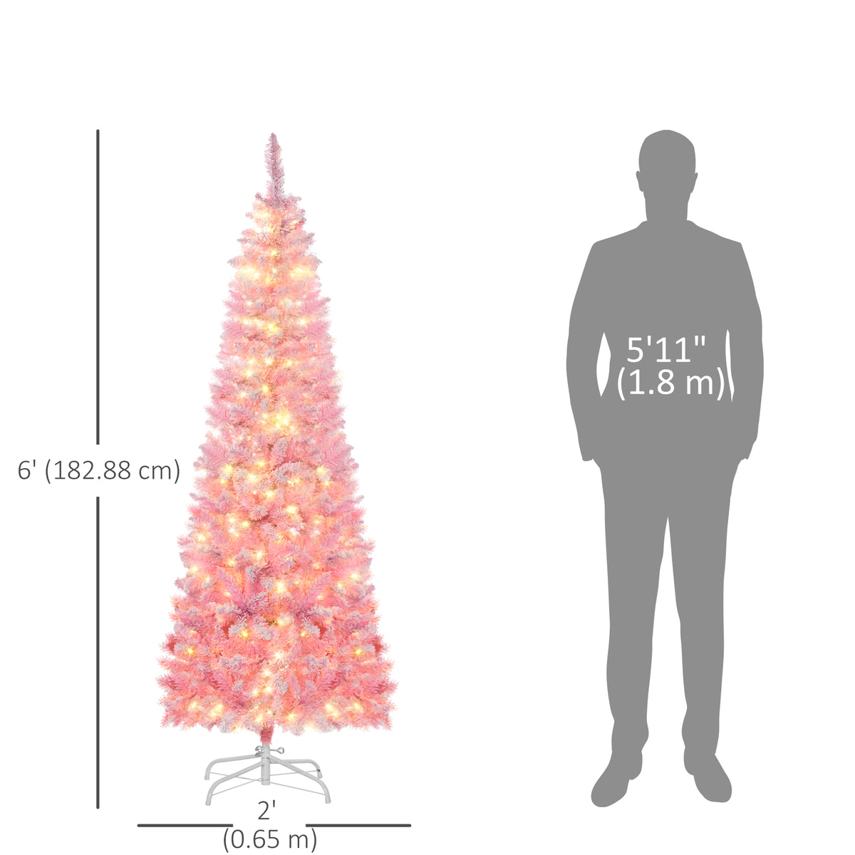 6 Foot Prelit Snow Flocked Artificial Christmas Tree with Pencil Shape, 500 Pine Realistic Branches, Warm White LED lights, Auto Open, Pink and White