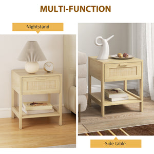 Narrow Nightstand with Rattan Elements, Bedside Table with Drawer and Storage Shelf for Bedroom, Natural – view 13