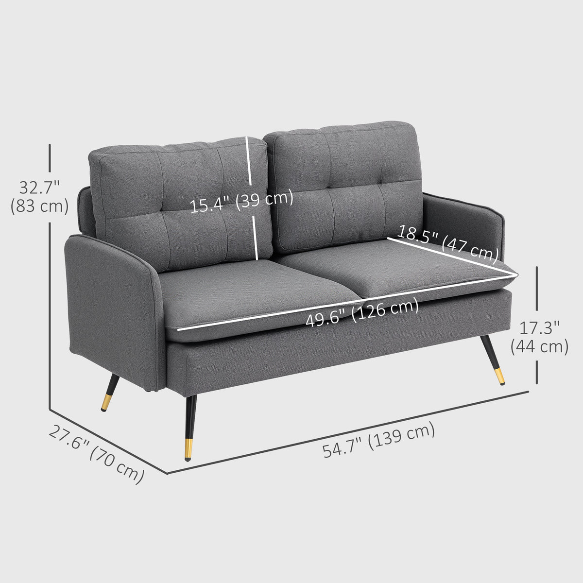 55" Loveseat Sofa, Linen Love Seat w/ S spring, Steel Legs and Button Tufting, Small Couch for Living Room – view 2
