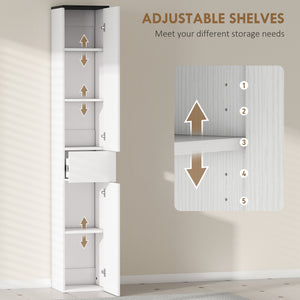 Tall Bathroom Cabinet with 2 Cupboards and Drawer, Slim Bathroom Storage Cabinet with Adjustable Shelves, White