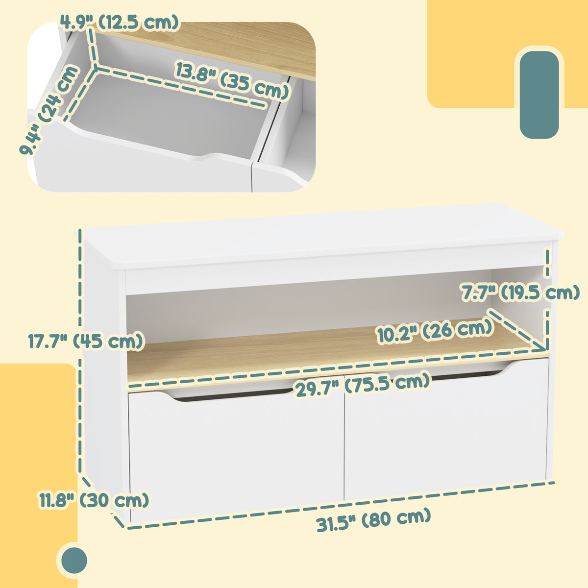 Qaba Kids Bookshelf with 2 Drawers, Large Tabletop, Shelf, for Nursery, Kids Room, Bedroom, Living Room, White