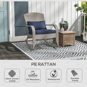 Adirondack Chair, Outdoor Wicker Rocking Chair with High Back, Seat Cushion and Pillow for Porch, Balcony, Cream/Brown