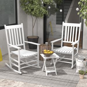 3 Pieces Outdoor Rocking Chair Set, Wooden Patio Rocking Chair Set with Folding Table, High Back and Armrests, White