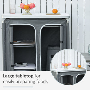 Aluminum Camping Table, Camping Kitchen Station Cook Cupborad with 3-Shelf, Storage Organiser for BBQ Party Picnic Grey