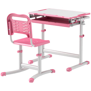 Qaba Height Adjustable Study Table and Chair Set with Drawer, Pen Slot, Tiltable Desktop, Hook