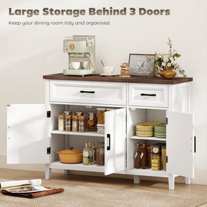 Sideboard Buffet Cabinet, 44" Farmhouse Kitchen Cabinet with 3 Chevron Doors, 2 Drawers and 2 Adjustable Shelves, White