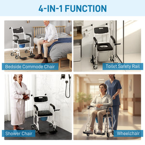 Rolling Shower Chair, Bedside Commode Chair with Wheels, Backrest, Arms, Flip Footrests for Seniors, Disabled, Black