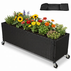Raised Garden Bed PE Rattan Wicker Patio Planter Box with Liner and Wheels