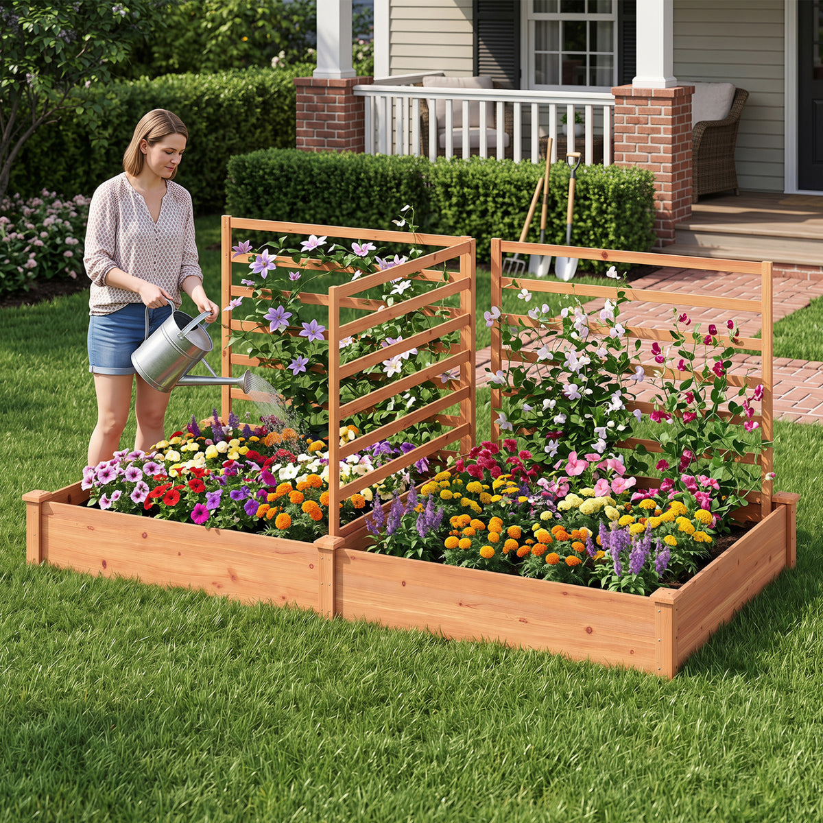 Raised Garden Bed with 2 Planter Boxes and 3 Trellis-Oak view 2
