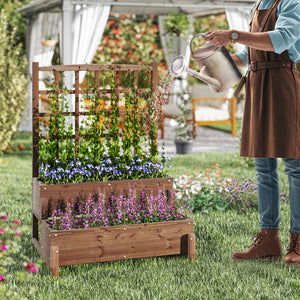 Raised Garden Bed with Trellis 2-tier Wood Planter Box with Drainage Holes-Rustic Brown view 2