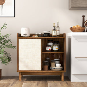 Rattan Buffet Sideboard Mid Century Floor Storage Cabinet with Sliding Door and Adjustable Shelves-Walnut view 2