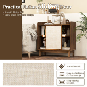 Rattan Buffet Sideboard Mid Century Floor Storage Cabinet with Sliding Door and Adjustable Shelves-Walnut view 9