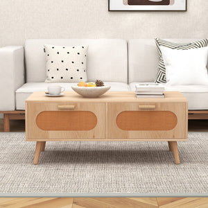 Rattan Coffee Table Mid Century Modern Center Table with 2 Storage Drawers-Natural view 2