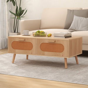 Rattan Coffee Table Mid Century Modern Center Table with 2 Storage Drawers-Natural view 3
