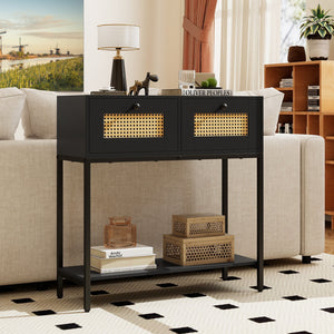 Rattan Console Table Boho Entryway Table with 2 Rattan Drawers and Open Storage Shelf-Black view 2