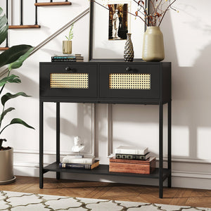Rattan Console Table Boho Entryway Table with 2 Rattan Drawers and Open Storage Shelf-Black view 3