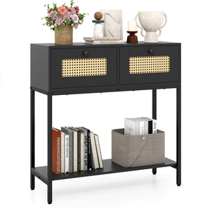 Rattan Console Table Boho Entryway Table with 2 Rattan Drawers and Open Storage Shelf-Black view 4