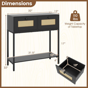 Rattan Console Table Boho Entryway Table with 2 Rattan Drawers and Open Storage Shelf-Black view 5