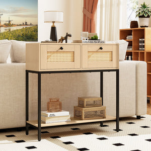 Rattan Console Table Boho Entryway Table with 2 Rattan Drawers and Open Storage Shelf-Oak view 2