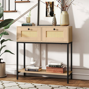 Rattan Console Table Boho Entryway Table with 2 Rattan Drawers and Open Storage Shelf-Oak view 3