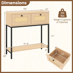 Rattan Console Table Boho Entryway Table with 2 Rattan Drawers and Open Storage Shelf-Oak view 5