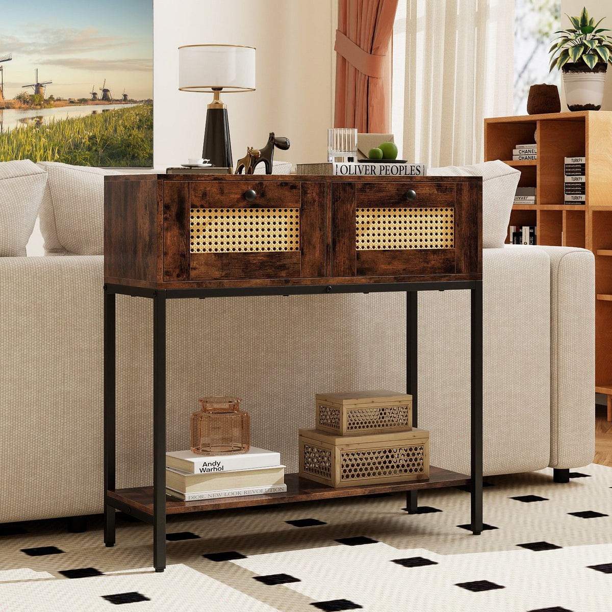 Rattan Console Table Boho Entryway Table with 2 Rattan Drawers and Open Storage Shelf-Rustic Brown view 2