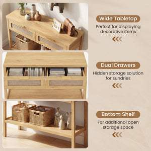 Rattan Console Table with 2 Drawers and Bottom Shelf-Natural view 5