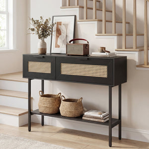 Rattan Console Table with 2 Storage Cabinets Shelf Carbon Steel Frame-Black view 2