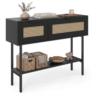 Rattan Console Table with 2 Storage Cabinets Shelf Carbon Steel Frame-Black view 4