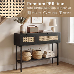 Rattan Console Table with 2 Storage Cabinets Shelf Carbon Steel Frame-Black view 9
