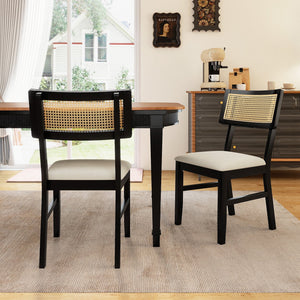 Rattan Dining Chairs Set of 2 Fabric Upholstered Kitchen Chairs with Padded Seat and Rubber Wood Legs-Black view 2