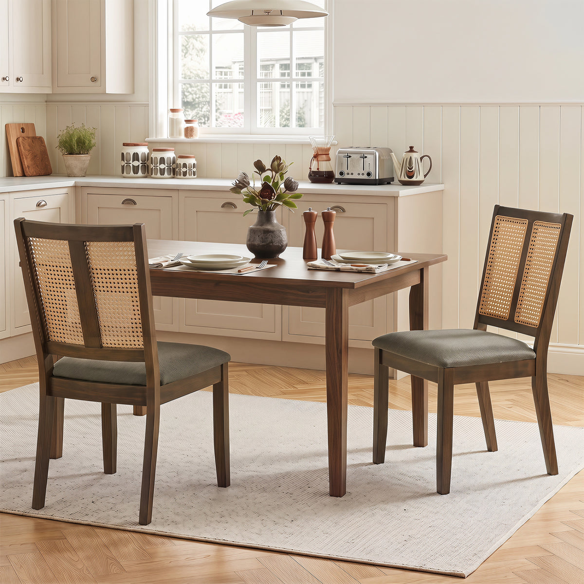 Rattan Dining Chairs Set of 2 with Curved Backrest & Padded Seat for Dining Room-Gray view 2