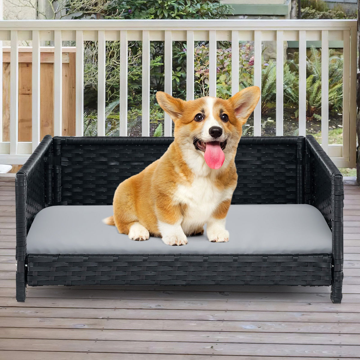 Rattan Dog Bed with Waterproof Soft Cushion for Medium Small Dogs Cats-Gray view 2