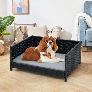 Rattan Dog Bed with Waterproof Soft Cushion for Medium Small Dogs Cats-Gray view 3