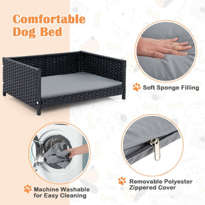 Rattan Dog Bed with Waterproof Soft Cushion for Medium Small Dogs Cats-Gray view 7