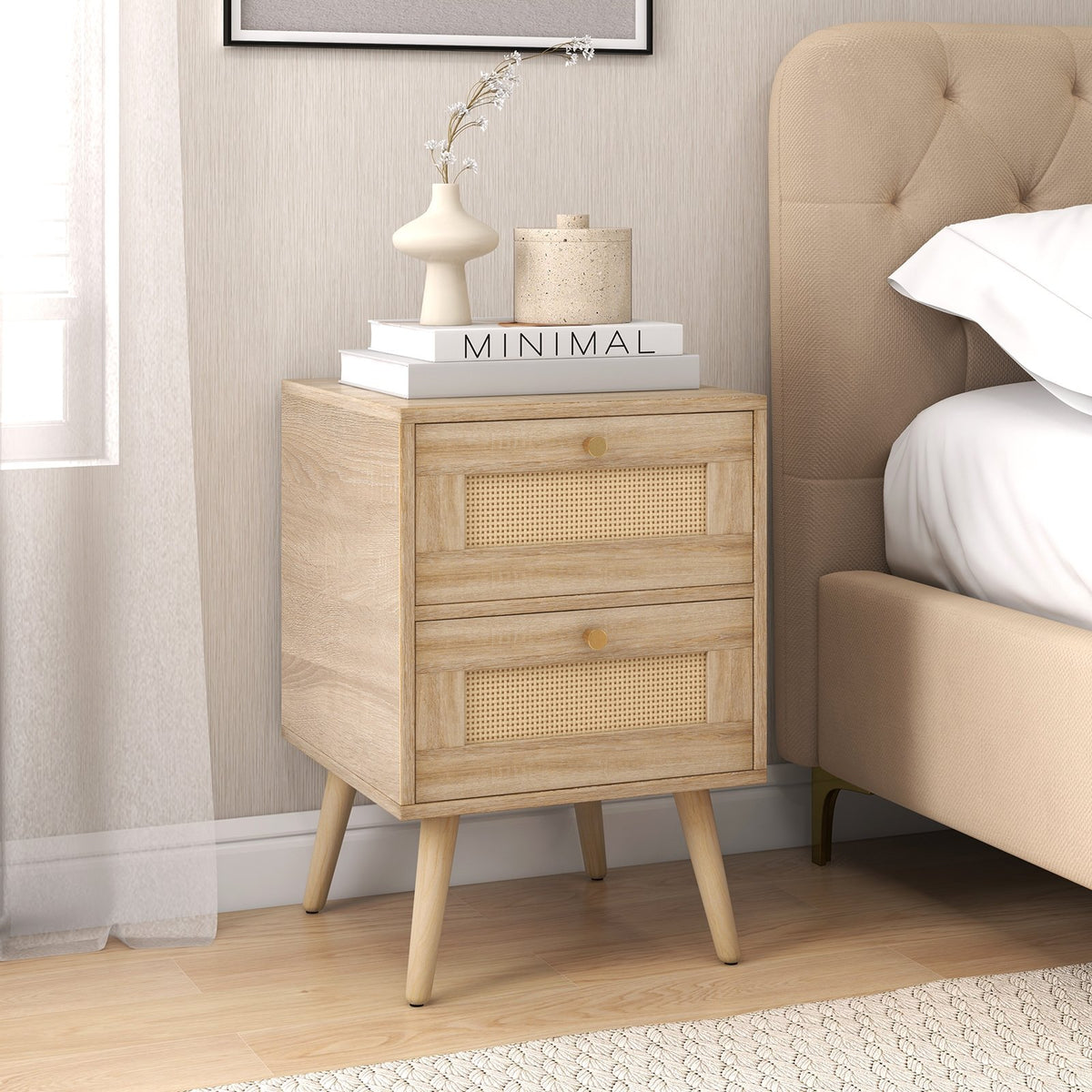 Rattan Nightstand Boho Accent Bedside Table with 2 Storage Drawers-Natural view 2