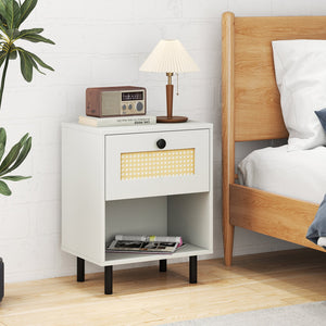 Rattan Nightstand Boho End Table with Rattan Drawer and Open Shelf-White view 3