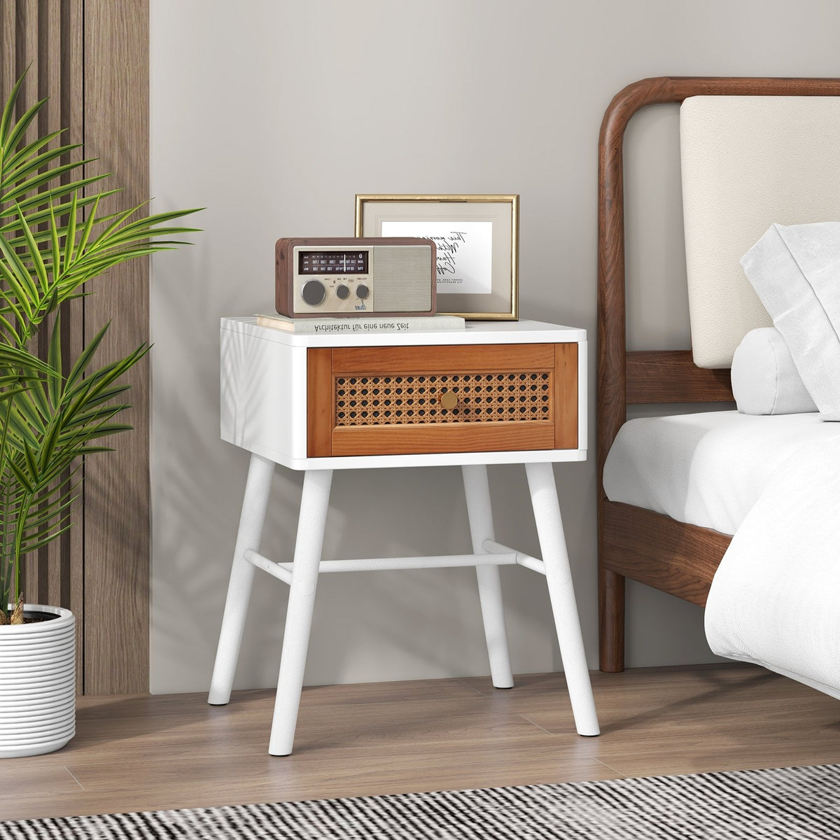 Rattan Nightstand Mid Century Modern Accent Table with Drawer-White view 2