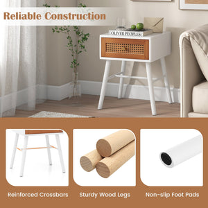 Rattan Nightstand Mid Century Modern Accent Table with Drawer-White view 8