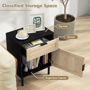 Rattan Nightstand Set of 2 with Drawer and Cabinet-Black view 6