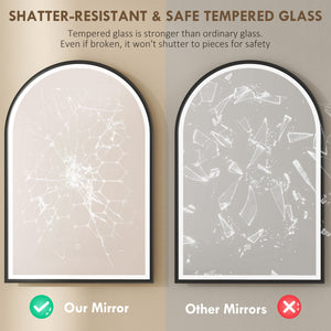 24" x 36" LED Bathroom Mirror, Arched Tempered Glass Wall Mirror, Anti-Fog, Dimmable, Memory Function, Black