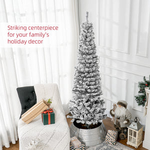 6ft Flocked Christmas Tree, Pencil Christmas Tree with Realistic Branch Tips, Folding Metal Stand, Green – view 10
