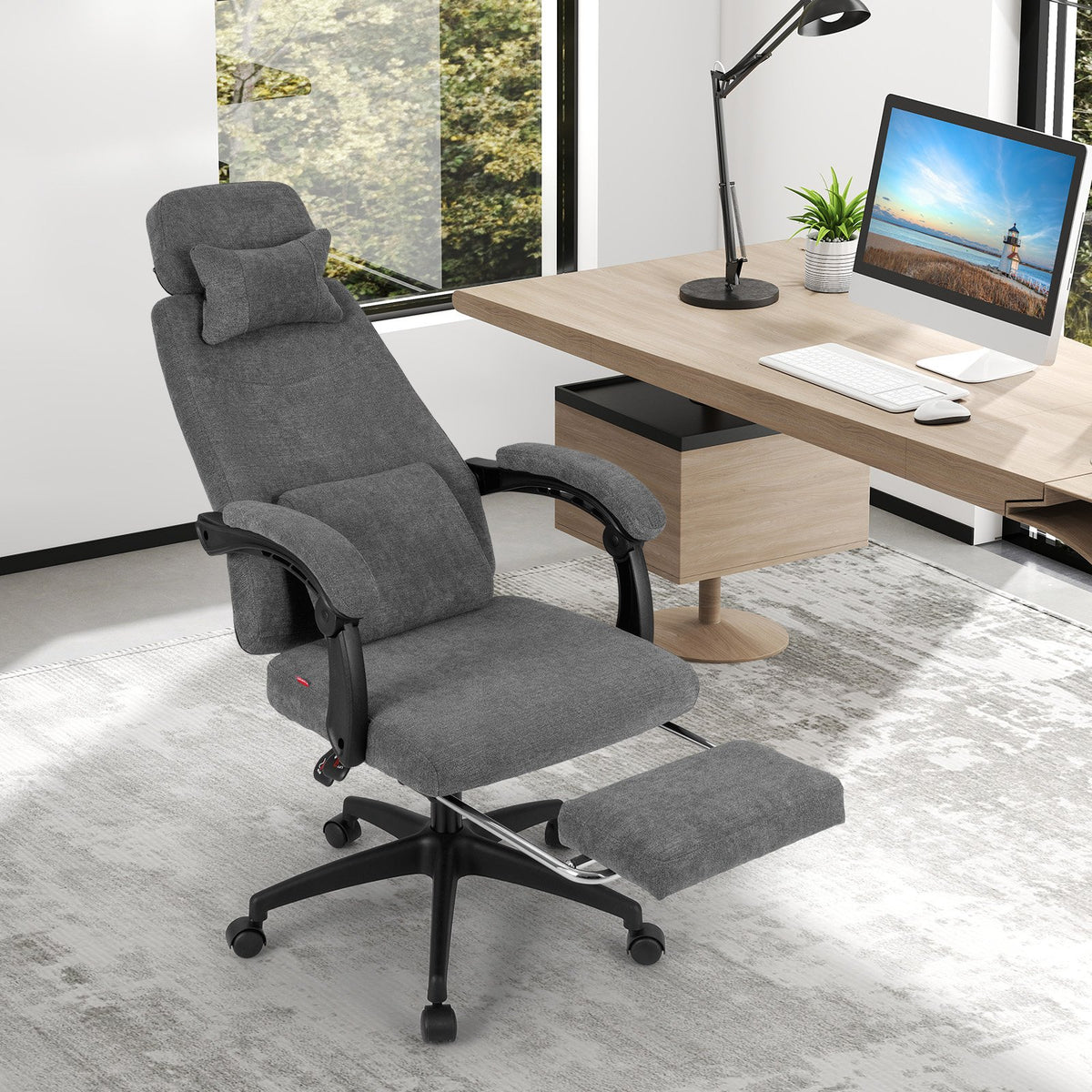 Reclining Office Chair Chenille Fabric Upholstered Computer Desk Chair-Gray view 2