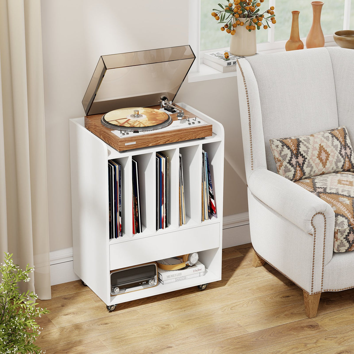 Record Player Stand Turntable Stand with Drawer and Record Holder-White view 2