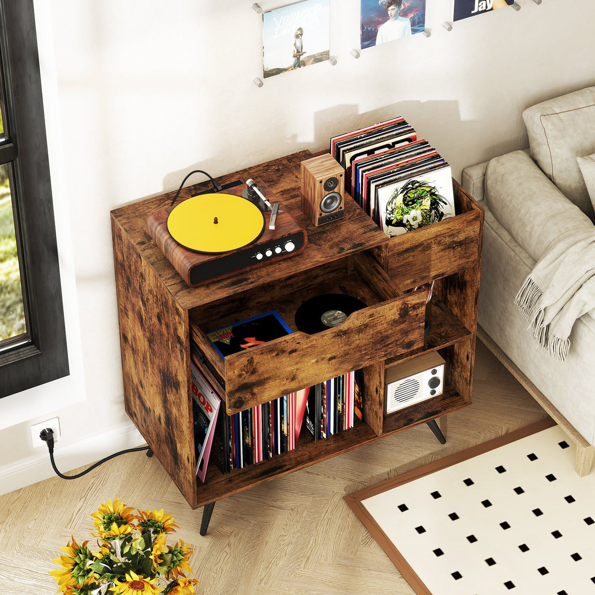 Record Player Stand with Power Outlet-Rustic Brown view 2