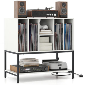 Record Player Stand with Charging Station and Metal Frame-White