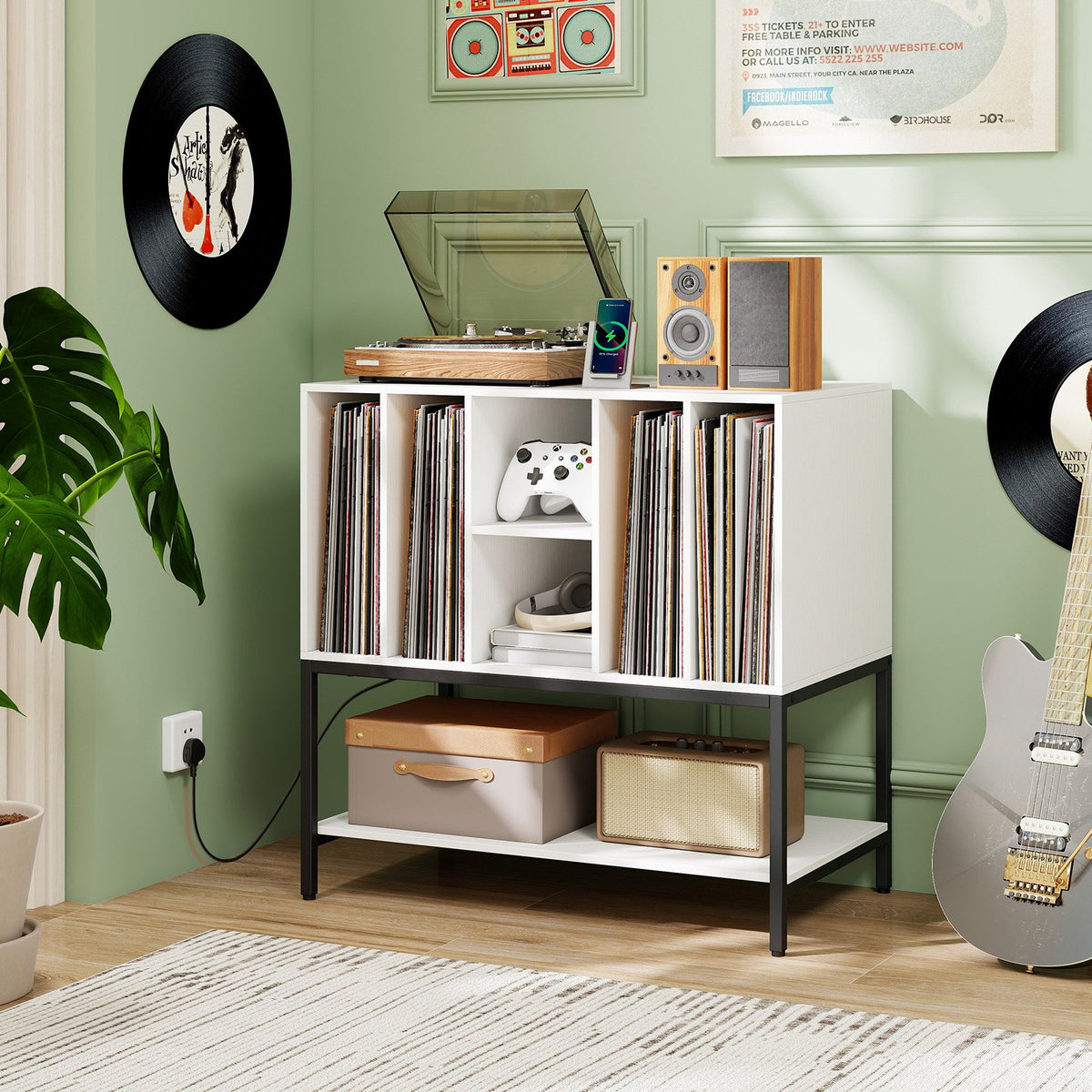 Record Player Stand with Charging Station and Metal Frame-White view 2
