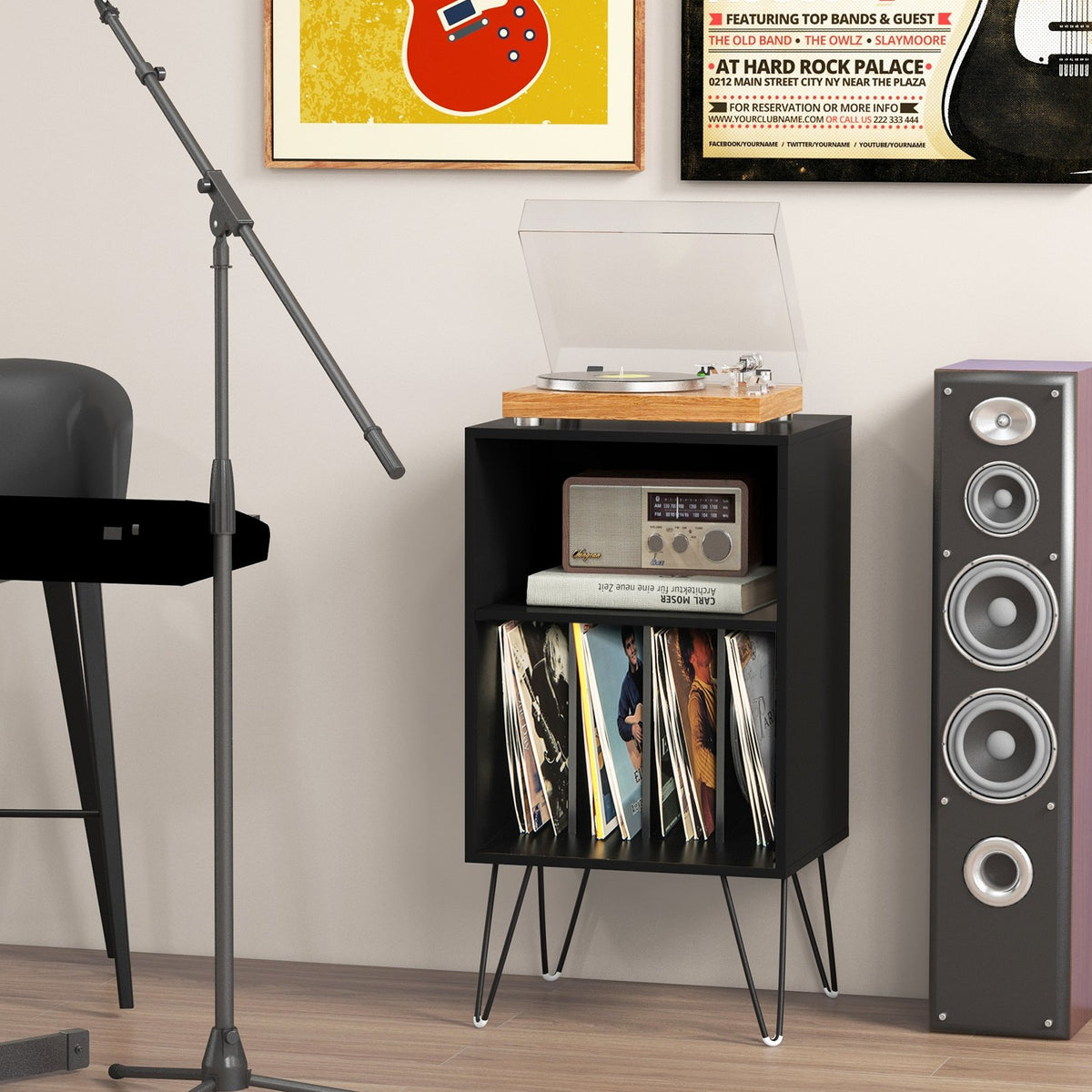 Record Player Stand with Charging Station for Living Room Bedroom-Black view 2