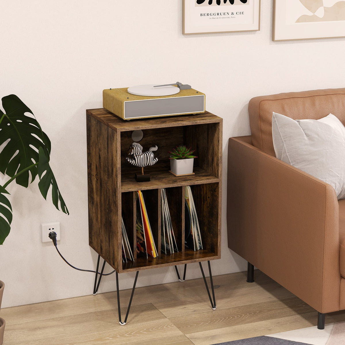 Record Player Stand with Charging Station for Living Room Bedroom-Rustic Brown view 2